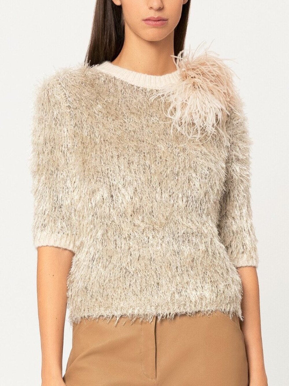 Luisa Cerano Cream Metallic Italian Fur-Look Sweater